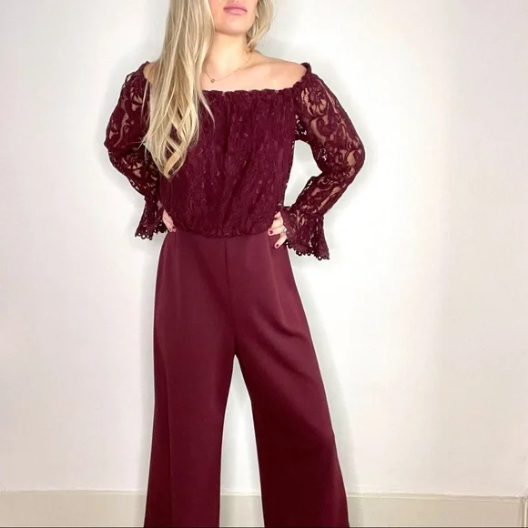 Adrianna Papell Burgundy Lace Long Sleeve Jumpsuit - Picture 1 of 13